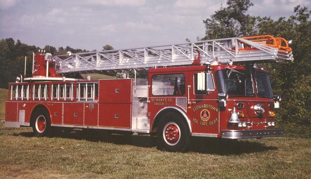 Truck 1 - 1982 Seagrave 100 ft. Aerial Ladder Truck, the first aerial ladder for LVFD.  It was dedicated to the Charter Members when placed in service and the loan was paid for by the Ladies Auxiliary. 