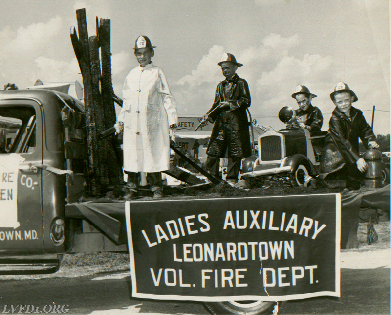 1960 - Fire Prevention float with Junior Firefighter [l-r] Mike Scully, Richie Clarke, George Mattingly & Tommy Scully