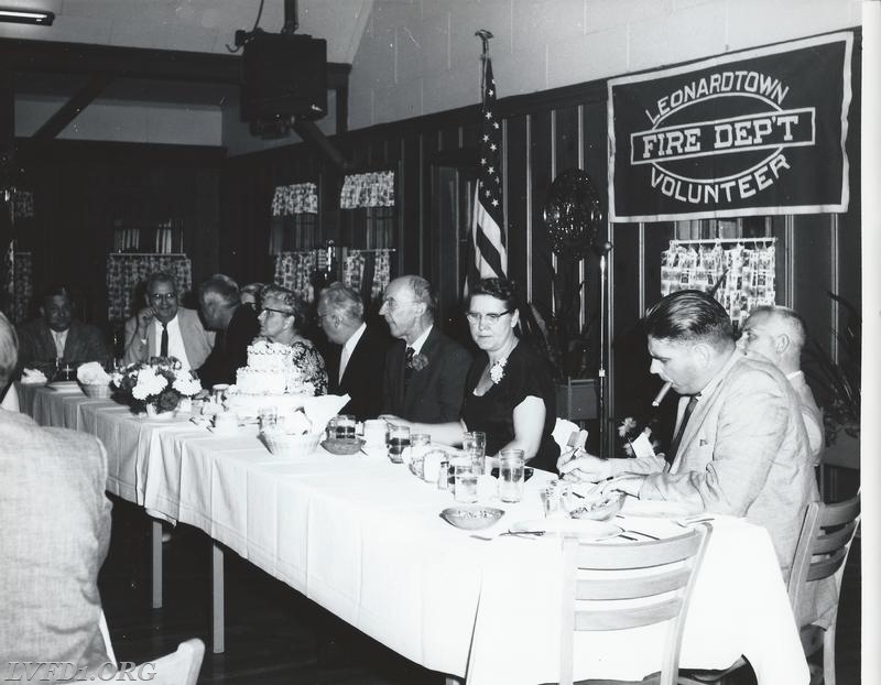 1959: June 14, 1959 - Testimonial Dinner for Col. Duke at Leonardtown Wharf attended by MSFA Officers [l-r] PP Smith, PP Reckner, Fire Service Ext. Director Byrus, PP Springer & PP Small