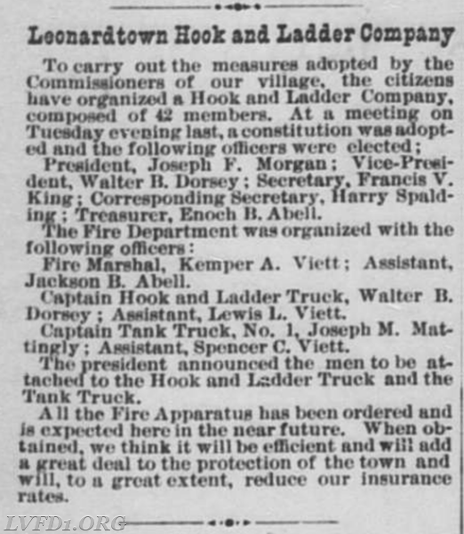        1896:  Leonardtown Hook & Ladder Company
           St. Mary's Beacon, July 16, 1896